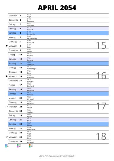 Kalender April 2054 im Hochformat mit Notizbereich