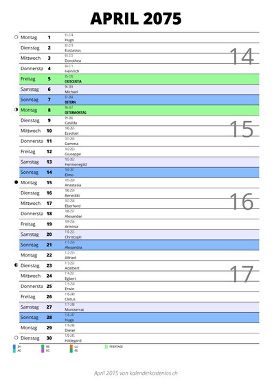 Kalender April 2075 im Hochformat mit Notizbereich