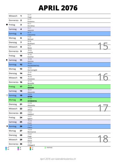 Kalender April 2076 im Hochformat mit Notizbereich