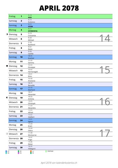 Kalender April 2078 im Hochformat mit Notizbereich