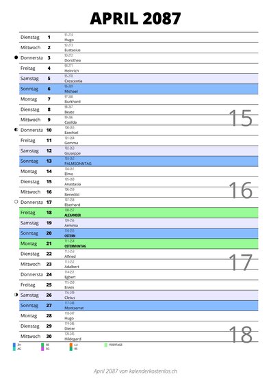Kalender April 2087 im Hochformat mit Notizbereich
