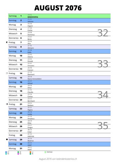 Kalender August 2076 im Hochformat mit Notizbereich