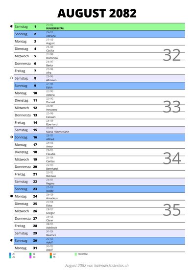 Kalender August 2082 im Hochformat mit Notizbereich
