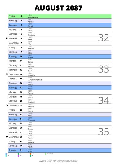Kalender August 2087 im Hochformat mit Notizbereich