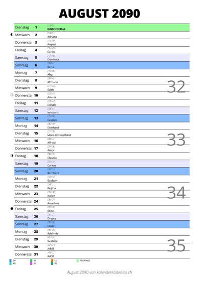 Kalender August 2090 im Hochformat mit Notizbereich