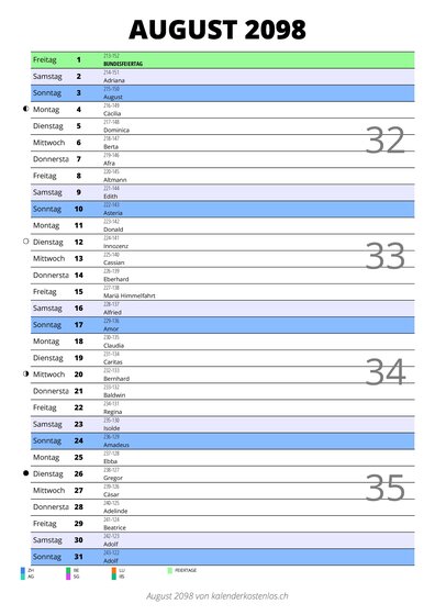 Kalender August 2098 im Hochformat mit Notizbereich