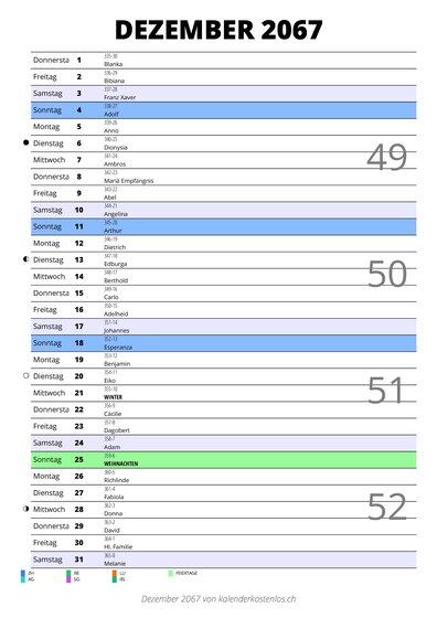 Kalender Dezember 2067 im Hochformat mit Notizbereich