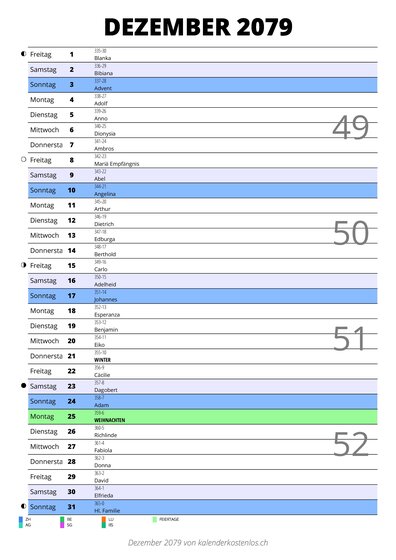 Kalender Dezember 2079 im Hochformat mit Notizbereich