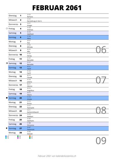 Kalender Februar 2061 im Hochformat mit Notizbereich