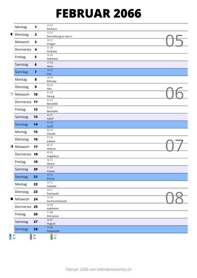 Kalender Februar 2066 im Hochformat mit Notizbereich