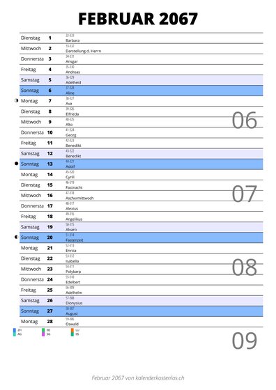 Kalender Februar 2067 im Hochformat mit Notizbereich
