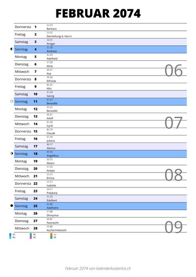 Kalender Februar 2074 im Hochformat mit Notizbereich