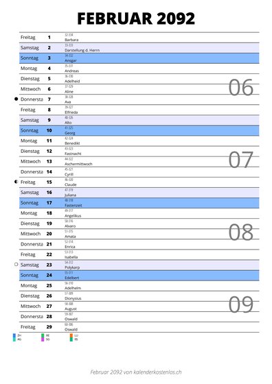 Kalender Februar 2092 im Hochformat mit Notizbereich