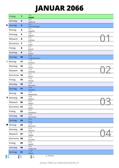 Kalender Januar 2066 im Hochformat mit Notizbereich