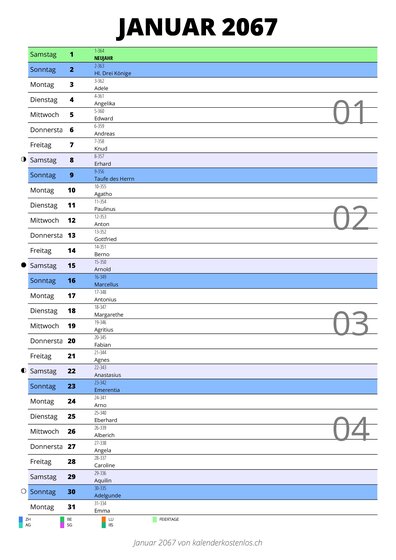 Kalender Januar 2067 im Hochformat mit Notizbereich