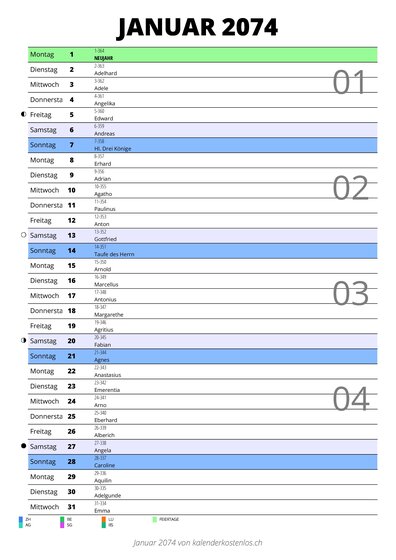Kalender Januar 2074 im Hochformat mit Notizbereich