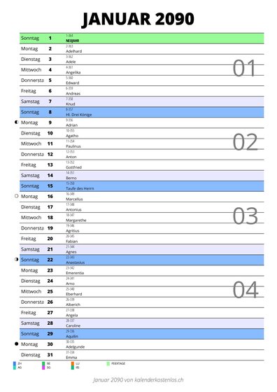 Kalender Januar 2090 im Hochformat mit Notizbereich