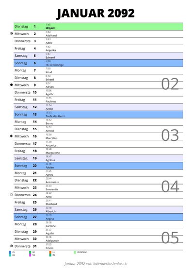Kalender Januar 2092 im Hochformat mit Notizbereich