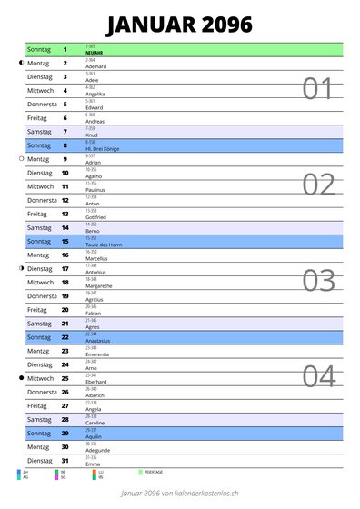 Kalender Januar 2096 im Hochformat mit Notizbereich