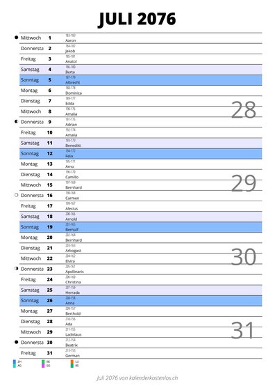 Kalender Juli 2076 im Hochformat mit Notizbereich