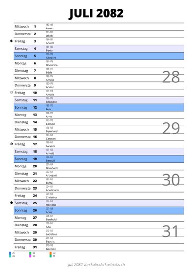 Kalender Juli 2082 im Hochformat mit Notizbereich