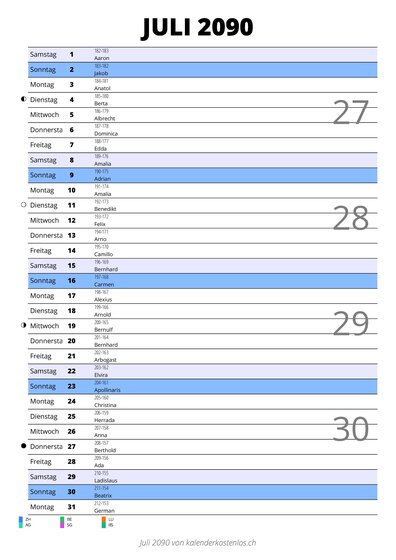 Kalender Juli 2090 im Hochformat mit Notizbereich
