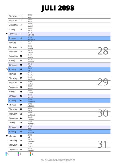 Kalender Juli 2098 im Hochformat mit Notizbereich
