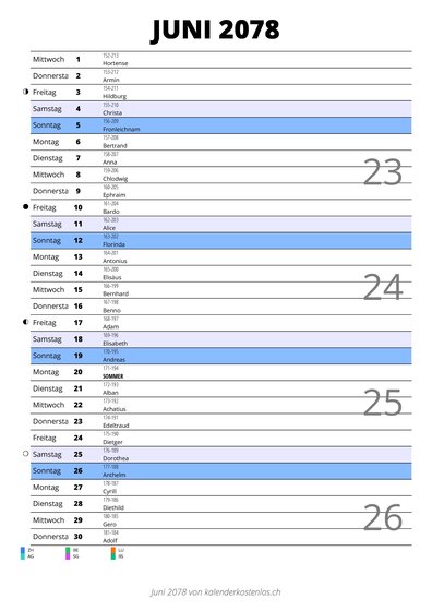 Kalender Juni 2078 im Hochformat mit Notizbereich