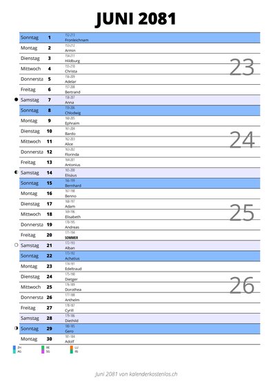 Kalender Juni 2081 im Hochformat mit Notizbereich