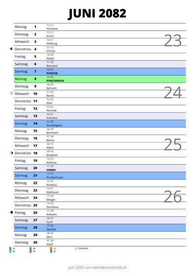 Kalender Juni 2082 im Hochformat mit Notizbereich