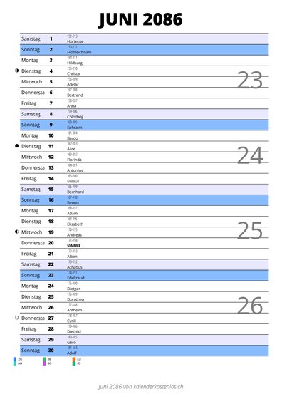 Kalender Juni 2086 im Hochformat mit Notizbereich