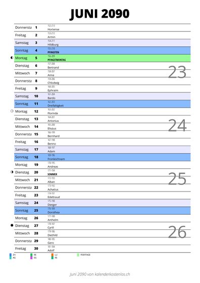 Kalender Juni 2090 im Hochformat mit Notizbereich