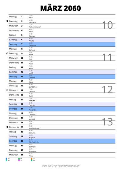 Kalender März 2060 im Hochformat mit Notizbereich