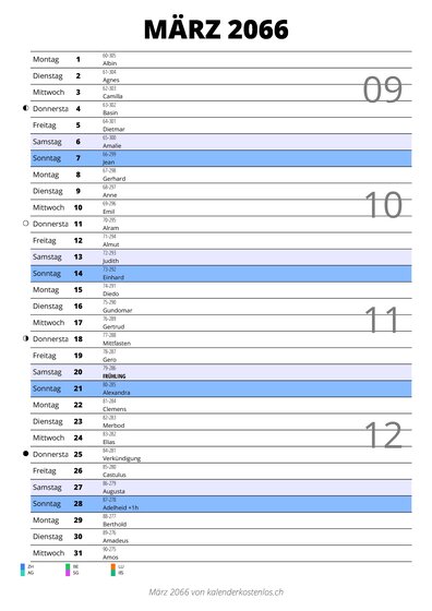 Kalender März 2066 im Hochformat mit Notizbereich
