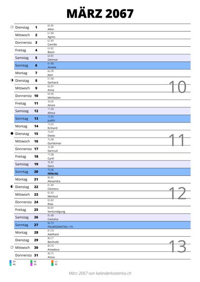 Kalender März 2067 im Hochformat mit Notizbereich