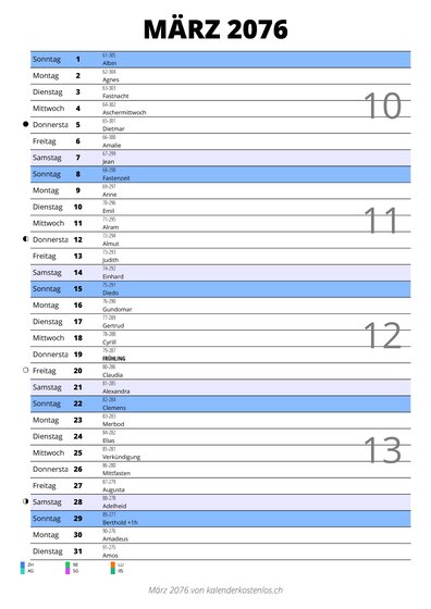 Kalender März 2076 im Hochformat mit Notizbereich