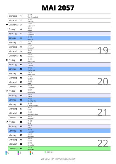 Kalender Mai 2057 im Hochformat mit Notizbereich