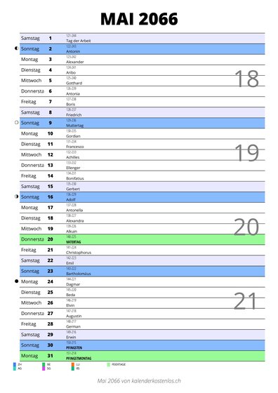 Kalender Mai 2066 im Hochformat mit Notizbereich