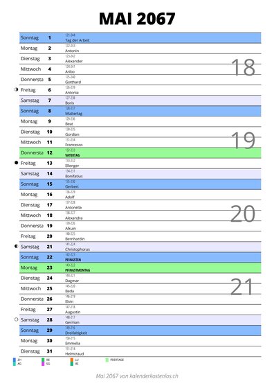 Kalender Mai 2067 im Hochformat mit Notizbereich