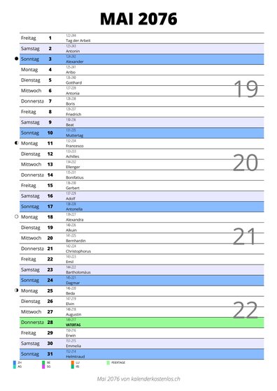 Kalender Mai 2076 im Hochformat mit Notizbereich