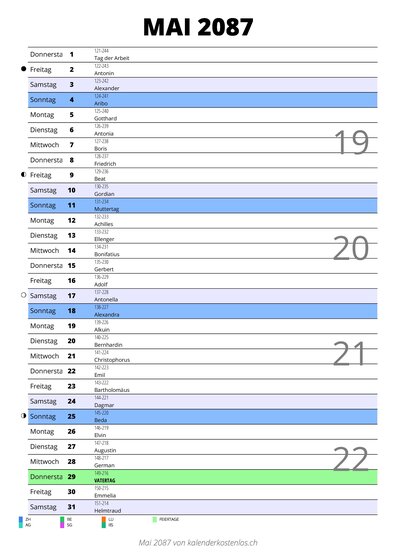 Kalender Mai 2087 im Hochformat mit Notizbereich