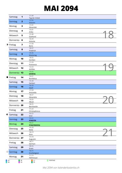 Kalender Mai 2094 im Hochformat mit Notizbereich
