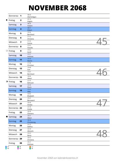 Kalender November 2068 im Hochformat mit Notizbereich