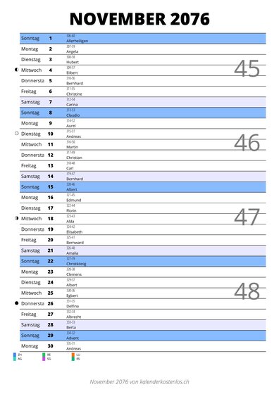 Kalender November 2076 im Hochformat mit Notizbereich