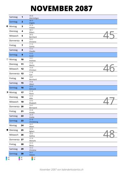 Kalender November 2087 im Hochformat mit Notizbereich