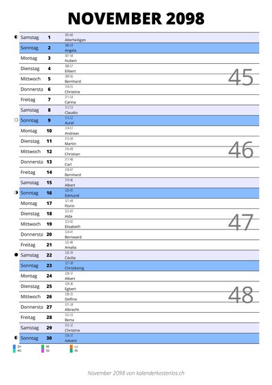 Kalender November 2098 im Hochformat mit Notizbereich