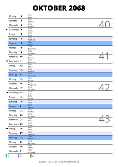 Kalender Oktober 2068 im Hochformat mit Notizbereich