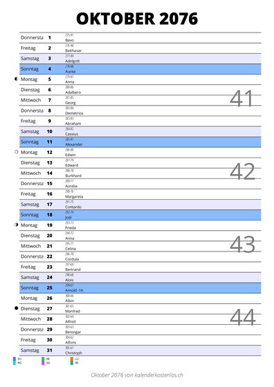 Kalender Oktober 2076 im Hochformat mit Notizbereich
