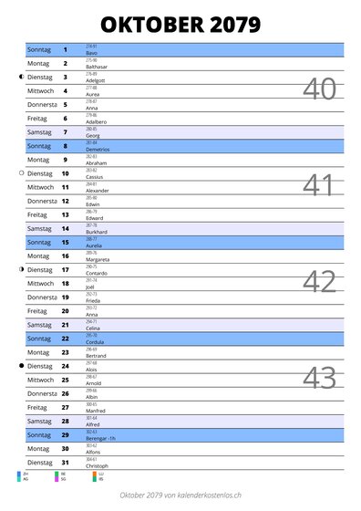 Kalender Oktober 2079 im Hochformat mit Notizbereich