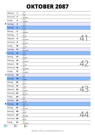 Kalender Oktober 2087 im Hochformat mit Notizbereich